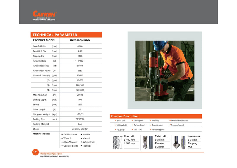 Cayken Magnetic Core Drill KCY-100/4WDO | Model: MD-KCY100/4WDO Magnetic Core Drill Cayken 