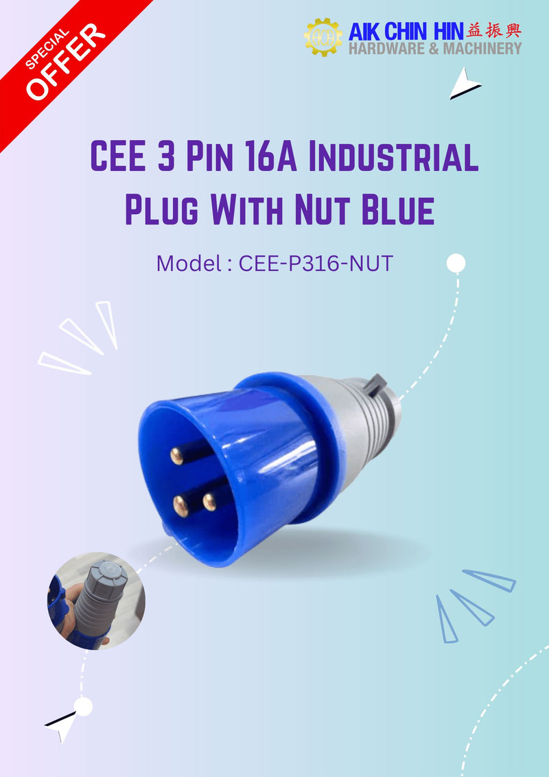 CEE 3 Pin 16A Industrial Plug With Nut Blue | Model : CEE-P316-NUT 3 Pin Plug CEE 