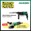 Hikoki combo includes a 26mm rotary hammer with 3 modes and a 730W 4-inch disc grinder, side switch model.