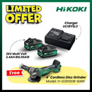 Hikoki 36V battery starter pack with two 36V Multi Volt 2.4AH batteries, charger, and a Hikoki 36V cordless 4-inch disc grinder.