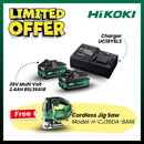Hikoki 36V battery starter kit with two 36V Multi Volt 2.4AH batteries, charger, and free cordless jig saw model H-CJ36DA.