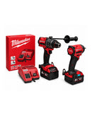 Milwaukee 18V impact driver and percussion drill combo kit with two 5.0Ah batteries and charger, shown with tools and accessories.