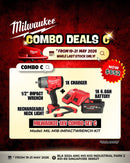 Milwaukee 18V impact wrench kit with 1/2 inch impact wrench, neck light, 6.0Ah battery, and charger on a workbench.