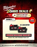 Two Milwaukee M18 B5 5.0Ah batteries from the MIL-M18-TWINBATTERY-KIT, compact and powerful lithium-ion power tool batteries.