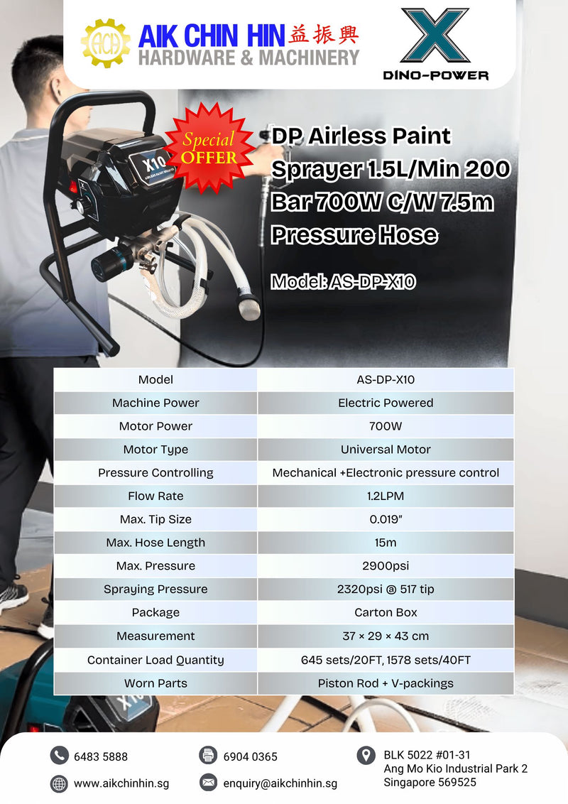DP Airless Paint Sprayer 1.5L/Min 200 Bar 700W C/W 7.5m Pressure Hose | Model: AS-DP-X10 Airless Paint Sprayer DP 