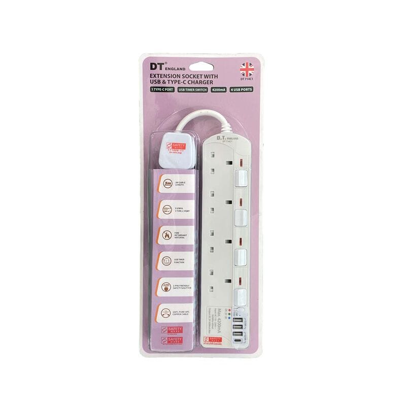 DT England 4way 3m Extension Socket With 3 USB and 1 Type C Port Charg