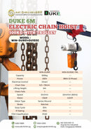 Duke Electric 6m Chain Hoist with Trolley, 500kg capacity, model WIN-DU901+DU102C, showing the hoist and trolley in a workshop setting.