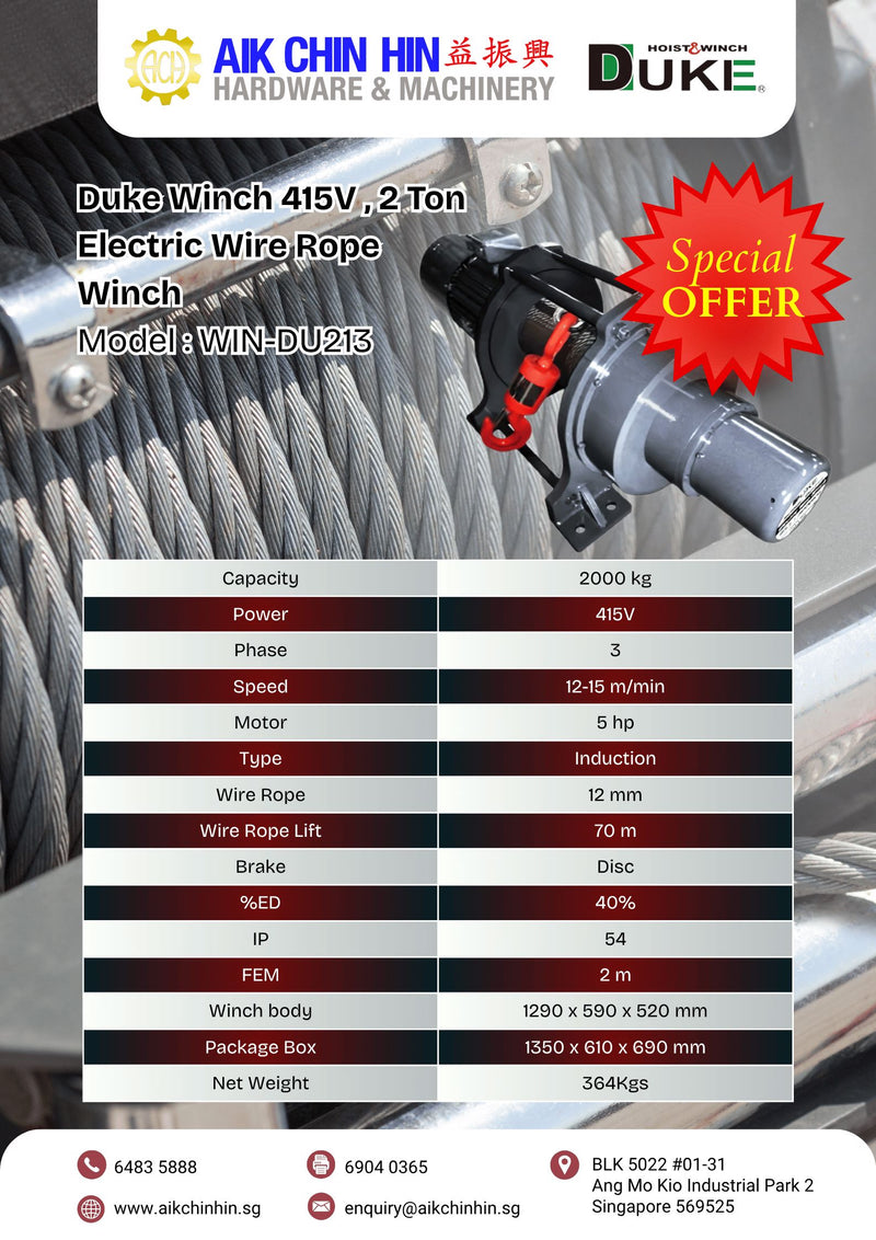 Duke Winch 415V , 2 Ton Electric Wire Rope Winch | Model : WIN-DU213 Winch Duke 