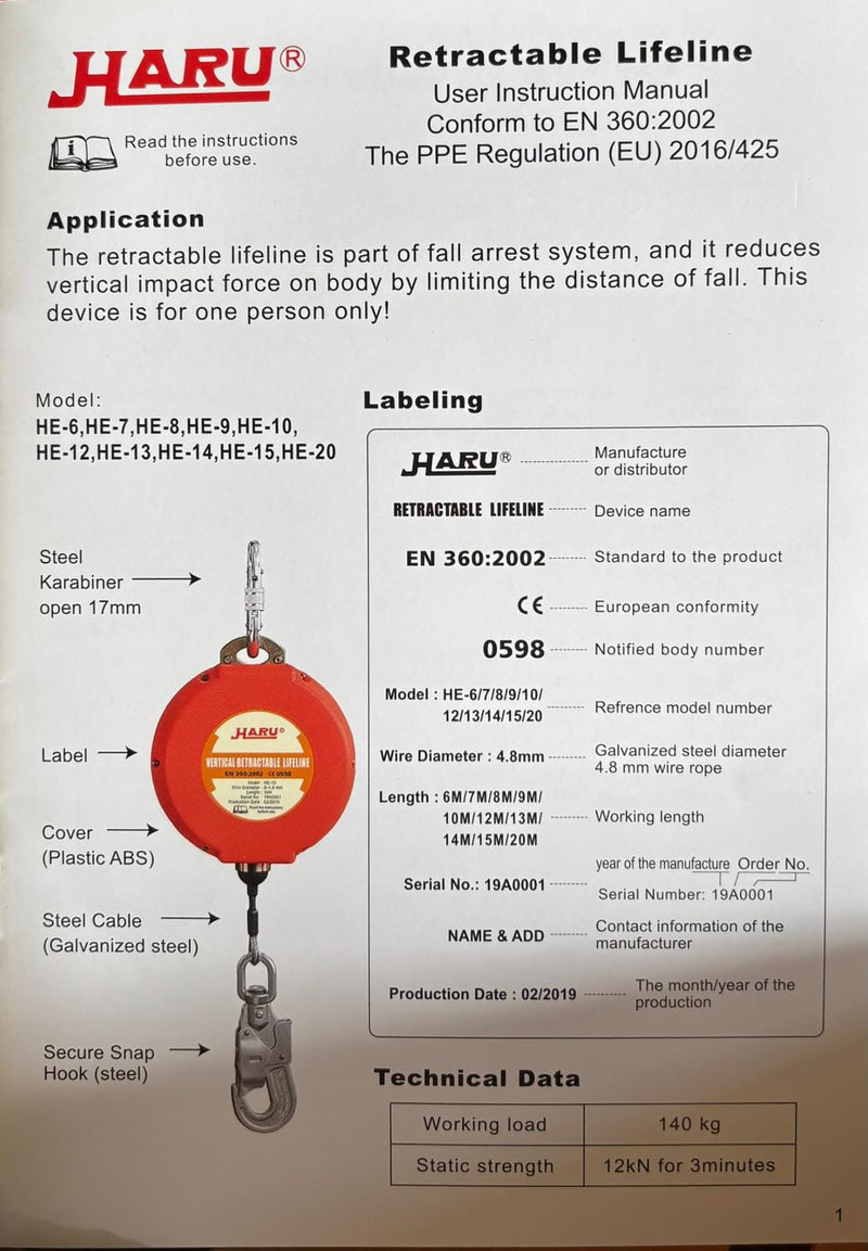Haru Vertical Auto Fall Arrestor 6M (Retractable Lifeline En360) | Mod
