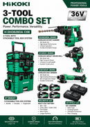 Hikoki 36V Tough Combo 6 cordless rotary hammer set with batteries, chargers, and stackable storage box.