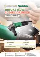 Hikoki 4-inch disc grinder G10MGD with 850W motor, showing the compact power tool with grip and disc attachment ready for use.