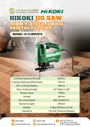 HIKOKI jig saw H-CJ90VST2 with 90mm V-Speed, 3-mode orbital cutting, featuring ergonomic handle and adjustable blade.