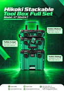 HIKOKI stackable tool box full set with multiple compartments, shown in a sturdy design, dimensions 59x50x85cm, model H*384047.