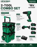 Hikoki Tough Combo 1 cordless impact driver drill with 62Nm torque, 100mm grinder, three 18V batteries, charger, and stackable toolbox.