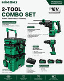 Hikoki Tough Combo 3 cordless rotary hammer kit with SDS hammer, driver drill, three 18V batteries, charger, and stackable tool boxes.
