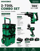 Hikoki Tough Combo 5 cordless rotary hammer drill and driver with batteries, charger, and 3 stackable tool boxes.