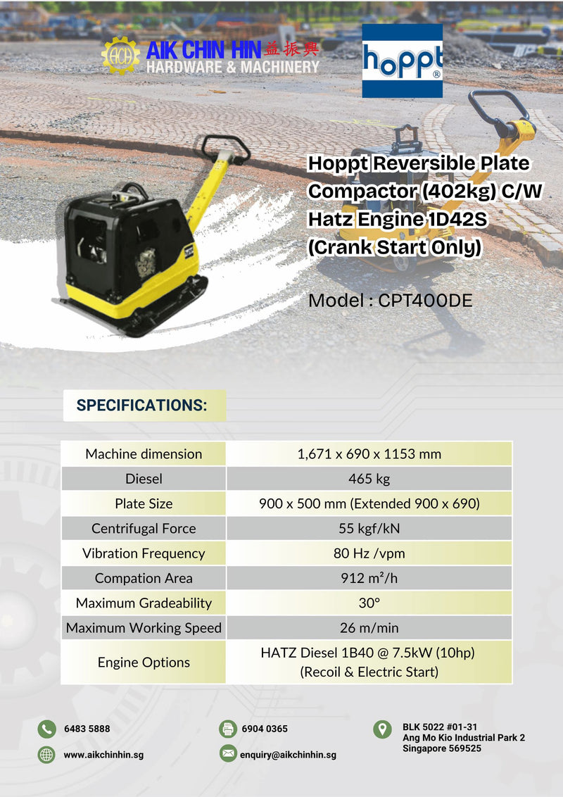 Hoppt Reversible Plate Compactor (402kg) C/W Hatz Engine 1D42S (Crank Start Only) | Model : CPT400DE Plate Compactor Hoppt 