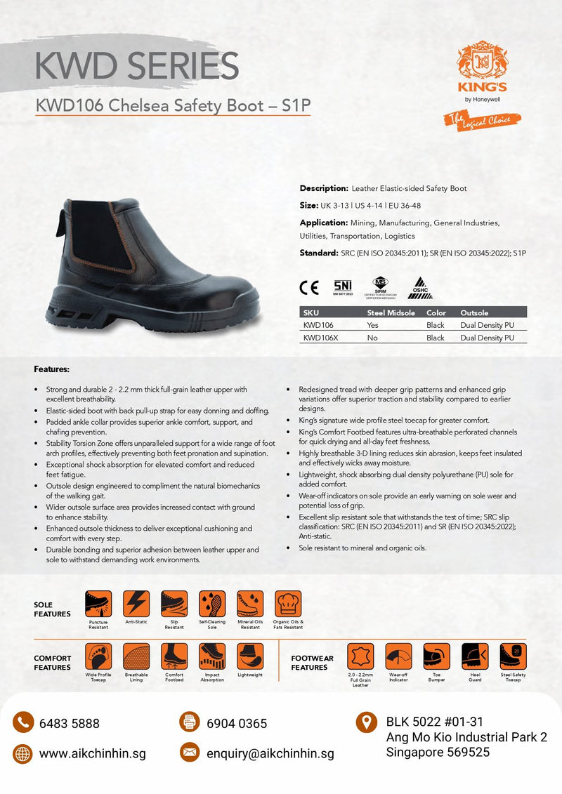 King's Black Chelsea Boots Back Pull Up Mid Cut Safety Shoes (6 Months Warranty) | Model : KWD106 (Replace KWD706) Safety Shoes KING'S 