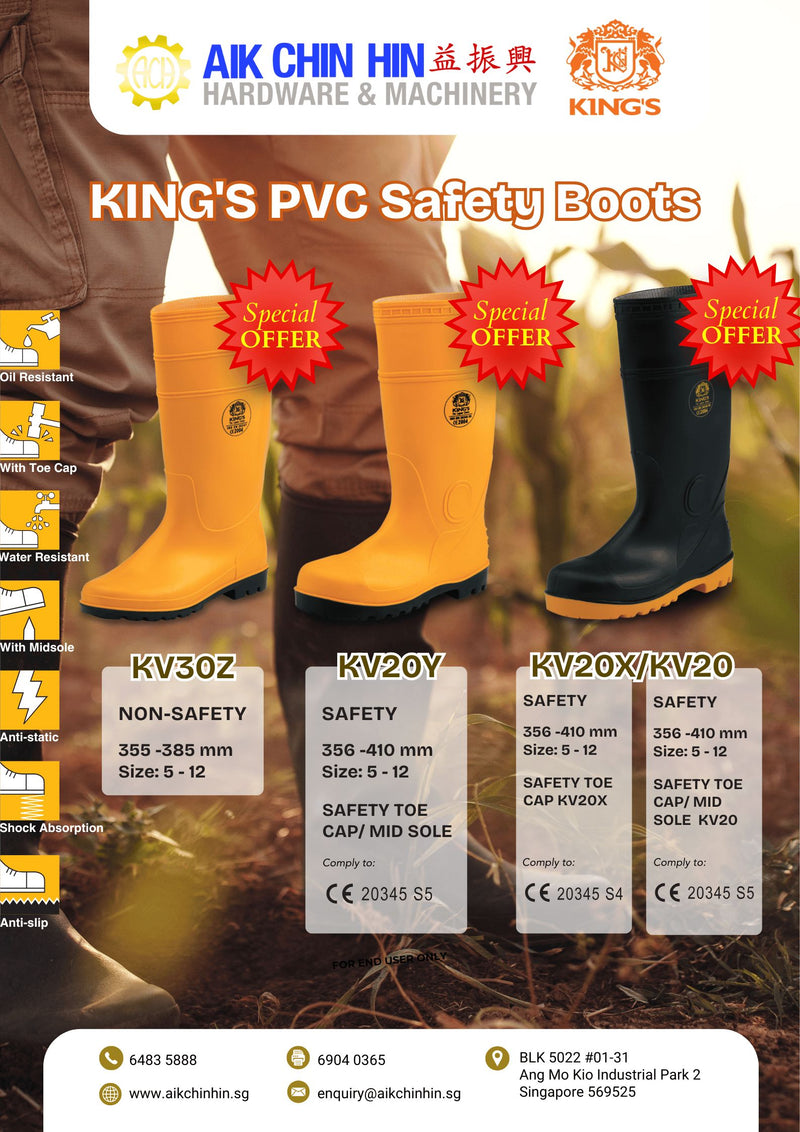 KING'S Black PVC Safety Boots without Steel | Model : SHOE-KV30Z, Sizes#5(39) - #12(46)