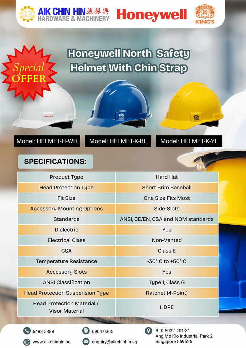 King's North Yellow Safety Helmet With Chin Strap (NSB10002) | Model : HELMET-K-YL Safety Helmet Honeywell 