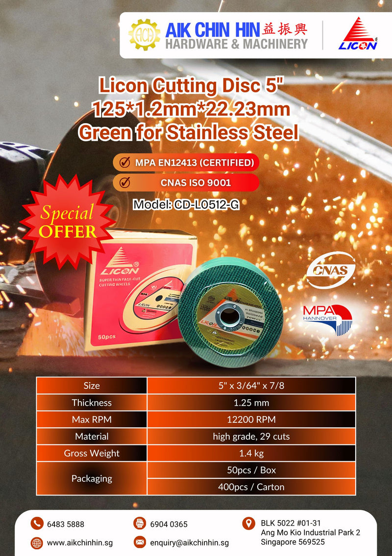 Licon Cutting Disc 5" 125*1.2mm*22.23mm Green for Stainless Steel | Model : CD-L0512-G Cutting Disc LICON 