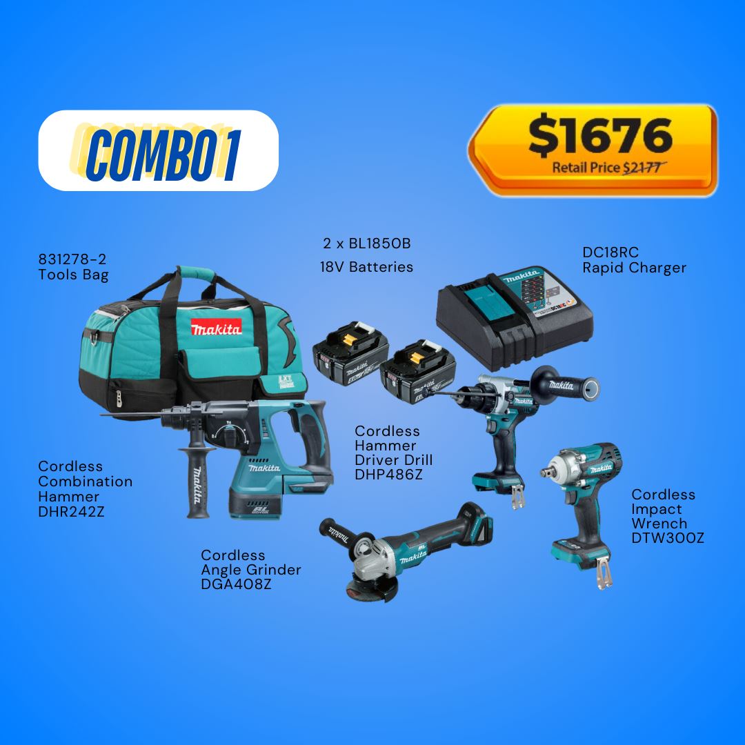 Makita 18V Cordless Combo Kit Includes Combination Hammer, Hammer Driv
