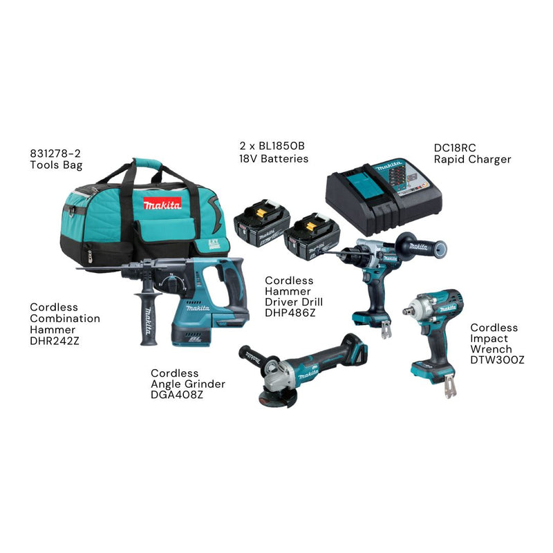 Makita 18V Cordless Combo Kit Includes Combination Hammer, Hammer Driver Drill, Impact Wrench BL, Angle Grinder and 2x 5.0Ah Batteries with Charger Makita 