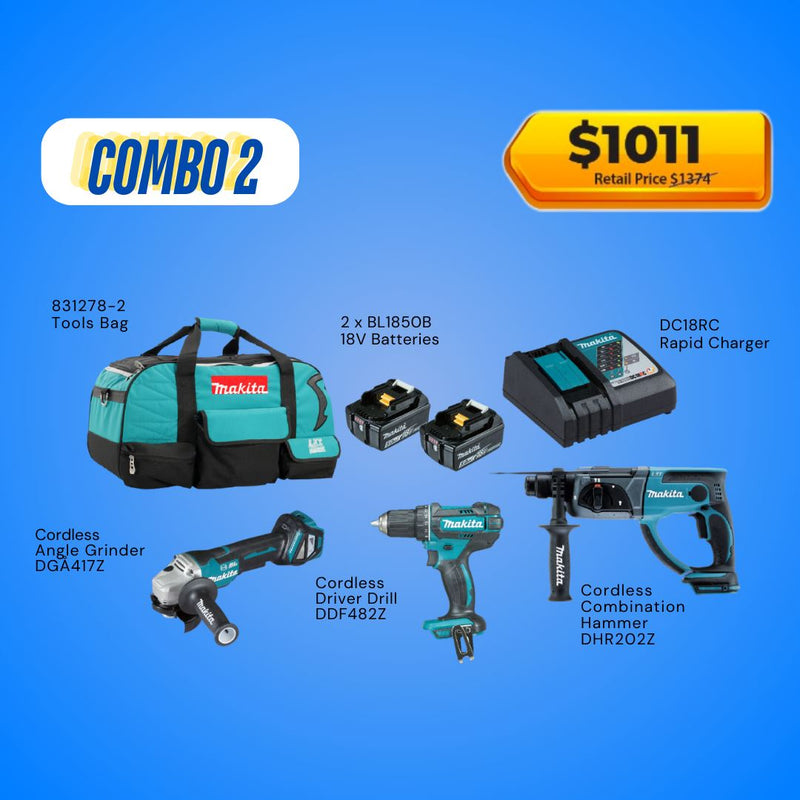 Makita 18V Cordless Combo Kit Includes Rotary Hammer, Angle Grinder, Driver Drill and 2x 5.0Ah Batteries with Charger Makita 