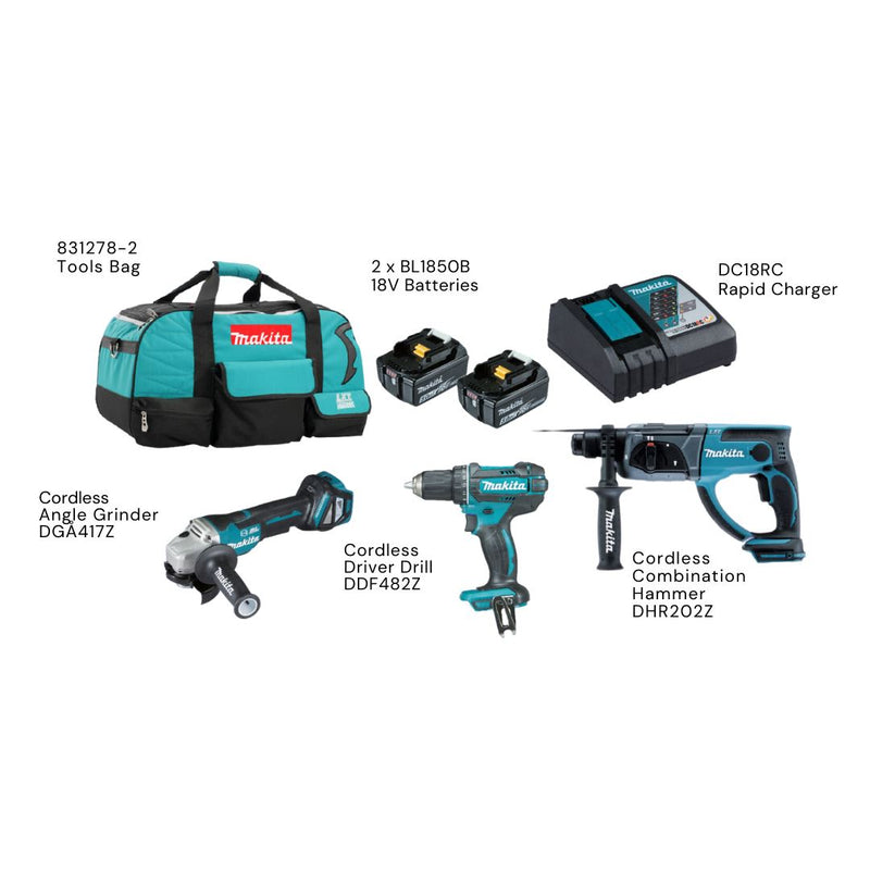 Makita 18V Cordless Combo Kit Includes Rotary Hammer, Angle Grinder, Driver Drill and 2x 5.0Ah Batteries with Charger Makita 