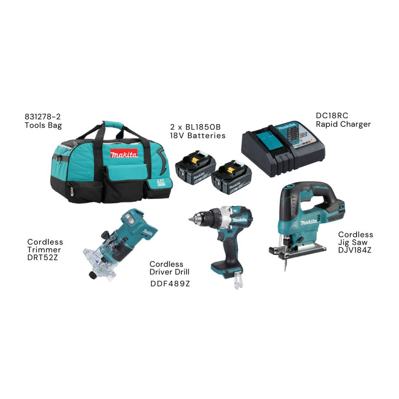 Makita 18V Cordless Combo Kit Includes Trimmer, Driver Drill, Jig Saw and 2x 5.0Ah Batteries with Charger Makita 