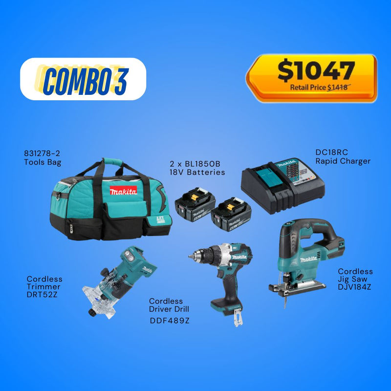 Makita 18V Cordless Combo Kit Includes Trimmer, Driver Drill, Jig Saw and 2x 5.0Ah Batteries with Charger Makita 