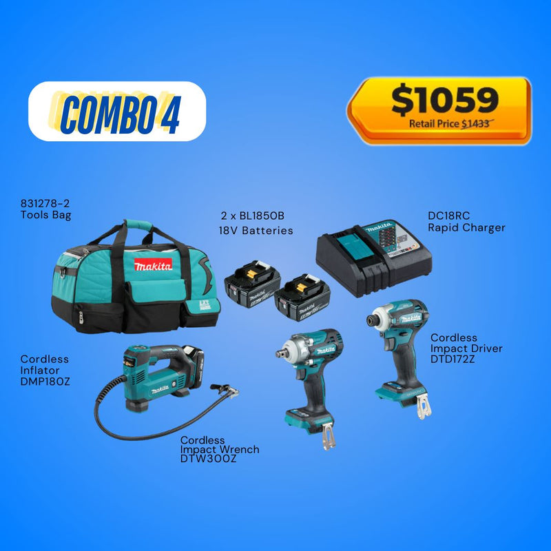 Makita 18V Cordless Combo Kit Includes Trimmer, Driver Drill, Jig Saw and 2x 5.0Ah Batteries with Charger Makita 