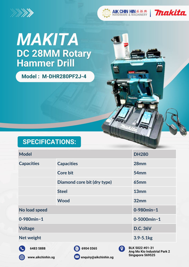 Makita DC 28MM Rotary Hammer Drill DHR280PF2J (18VX2,3.0AHX4PC,BL)-Offer | Model : M-DHR280PF2J-4 Cordless Rotary Hammer Drill Makita 