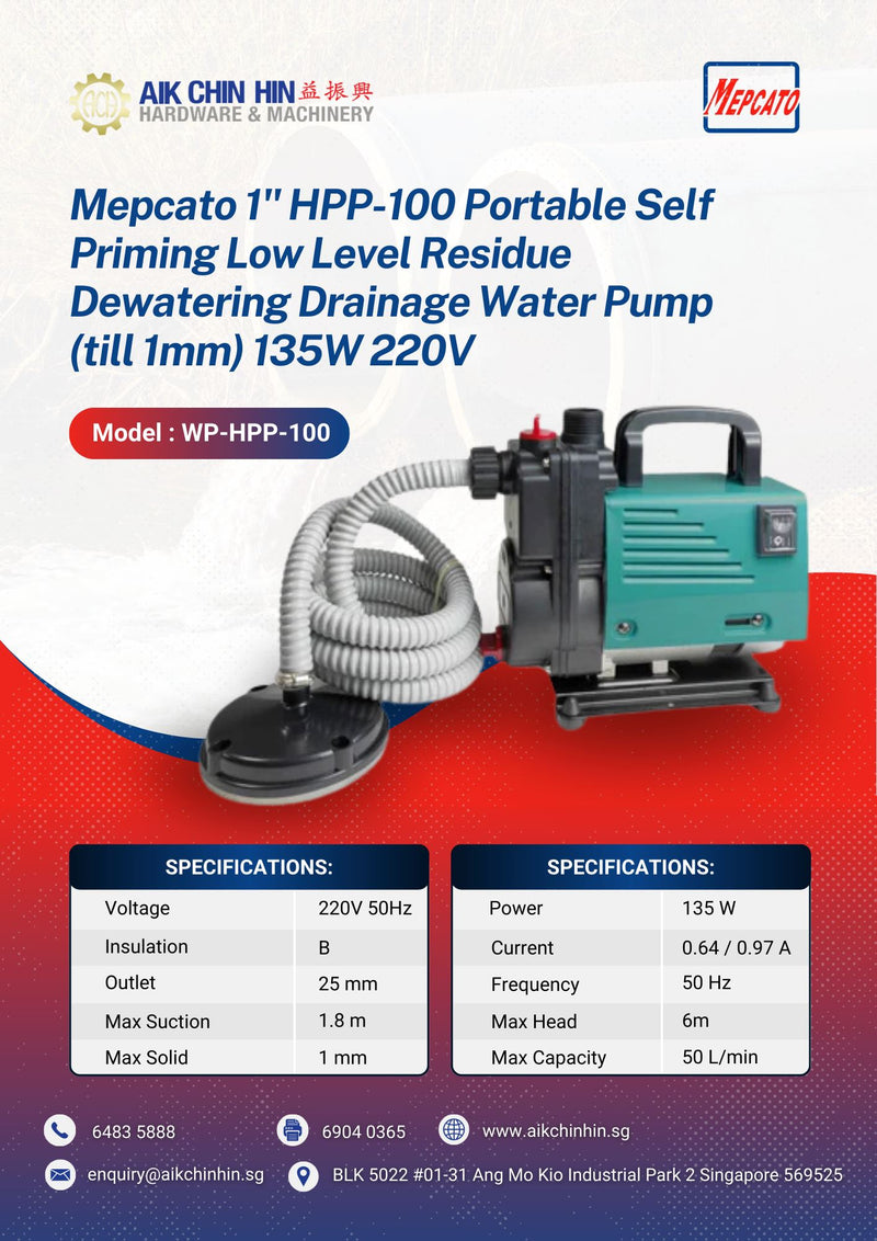 Mepcato 1" HPP-100 Portable Self Priming Low Level Residue Dewatering Drainage Water Pump (till 1mm) 135W 220V | Model : WP-HPP-100 Water Pump MEPCATO 