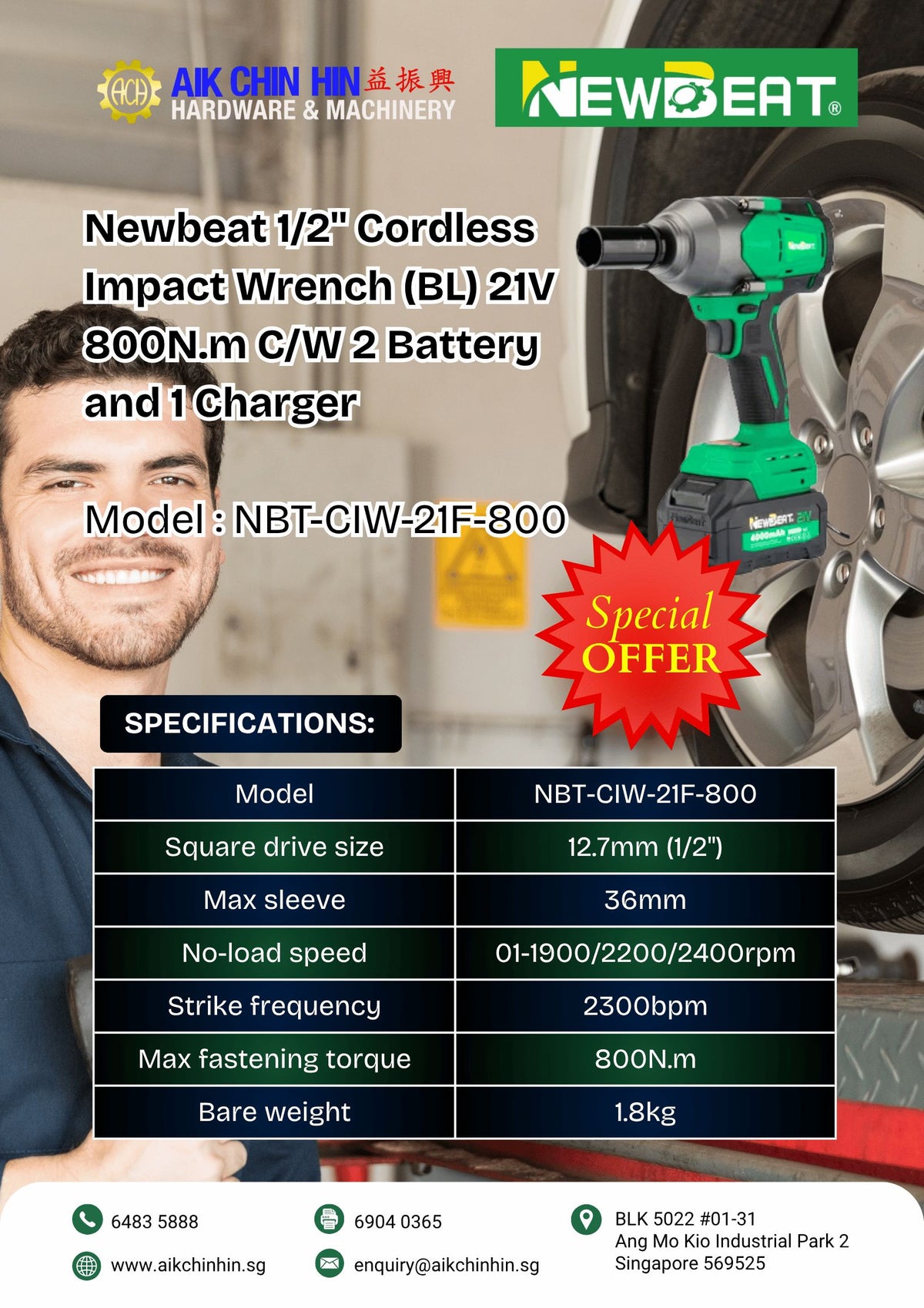 Newbeat 1/2'' Cordless Impact Wrench (BL) 21V 800N.m C/W 2 Battery and