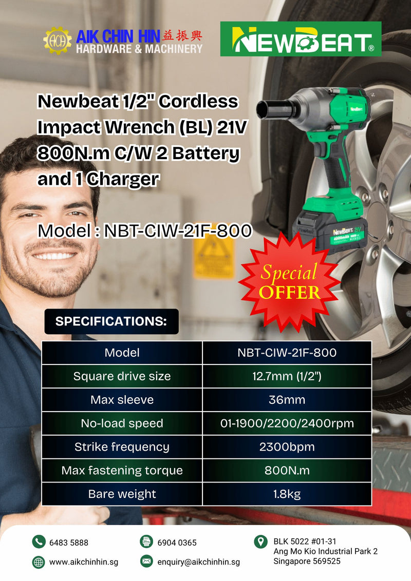 Newbeat 1/2'' Cordless Impact Wrench (BL) 21V 800N.m C/W 2 Battery and 1 Charger | Model: NBT-CIW-21F-800 Cordless Impact Wrench Newbeat 