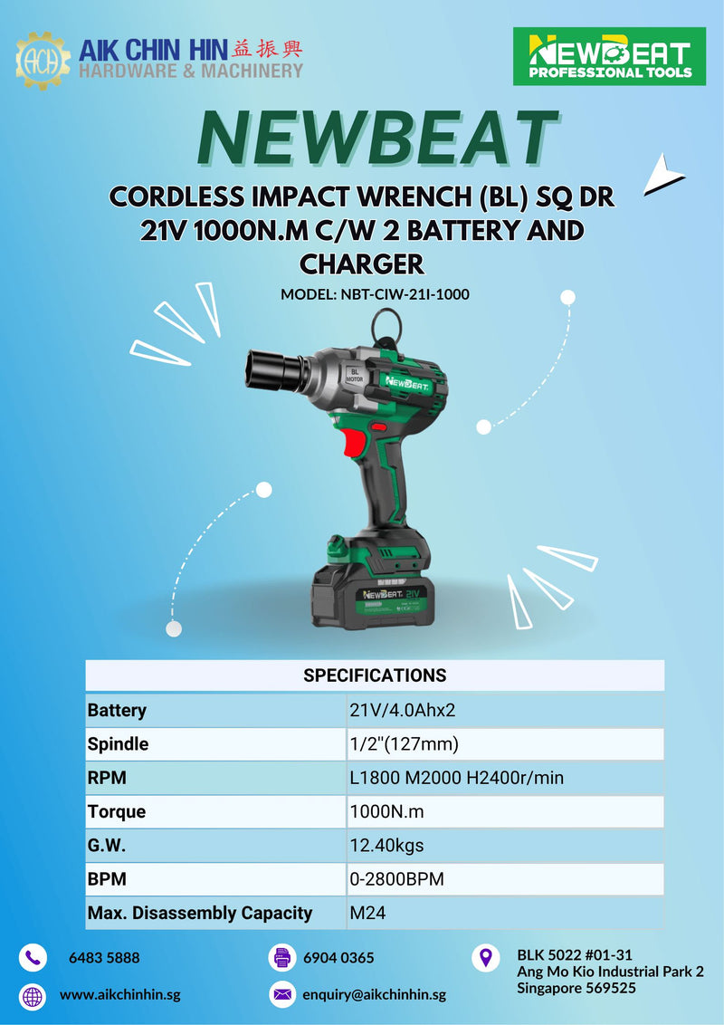 Newbeat 1/2" Cordless Impact Wrench (BL) SQ DR 21V 1000N.m c/w 2 Battery and Charger | Model: NBT-CIW-21I-1000 Cordless Impact Wrench Newbeat 