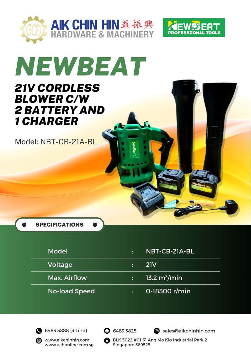 Newbeat 21V Cordless Blower C/W 2 Battery and 1 Charger | Model : NBT-CB-21A-BL Cordless Blower NEWBEAT 