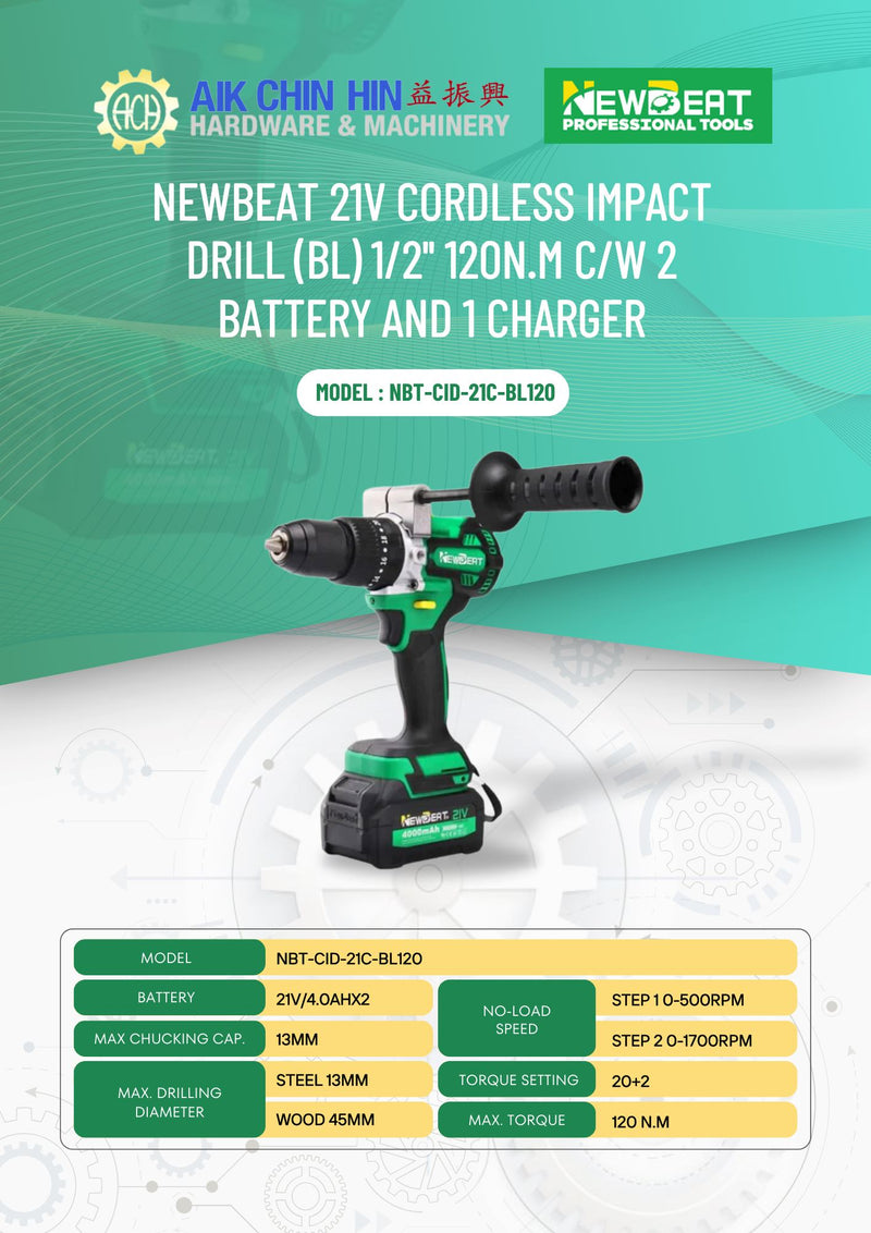 Newbeat 21V Cordless Impact Drill (BL) 1/2" 120N.m C/W 2 Battery and 1 Charger | Model: NBT-CID-21C-BL120 Cordless Impact Drill NEWBEAT 