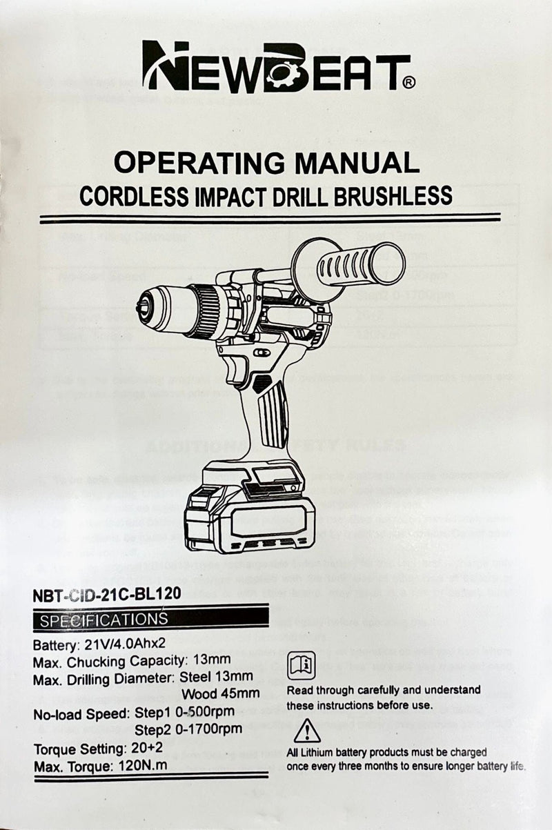 Newbeat 21V Cordless Impact Drill (BL) 1/2" 120N.m C/W 2 Battery and 1 Charger | Model: NBT-CID-21C-BL120 Cordless Impact Drill NEWBEAT 