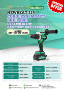 Newbeat 21V Cordless Impact Drill (BL) 1/2" 120N.m C/W 2 Battery and 1 Charger | Model: NBT-CID-21C-BL120 Cordless Impact Drill NEWBEAT 