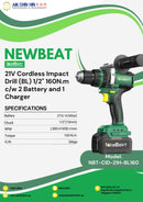 Newbeat 21V Cordless Impact Drill (BL) 1/2" 160N.m c/w 2 Battery and 1 Charger | Model: NBT-CID-21H-BL160 Cordless Impact Drill Newbeat 