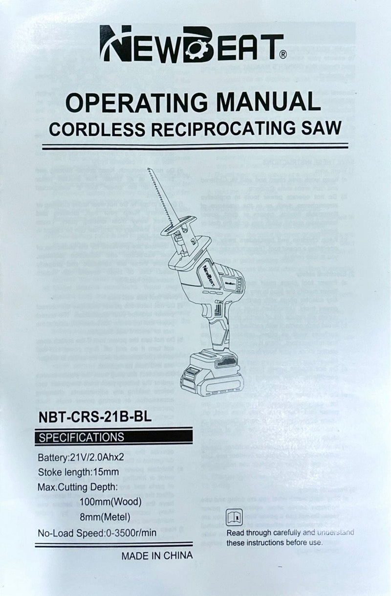 Newbeat 21V Cordless Reciprocating Saw C/W 2 Battery and 1 Charger | Model : NBT-CRS-21B-BL Cordless Reciprocating Saw NEWBEAT 