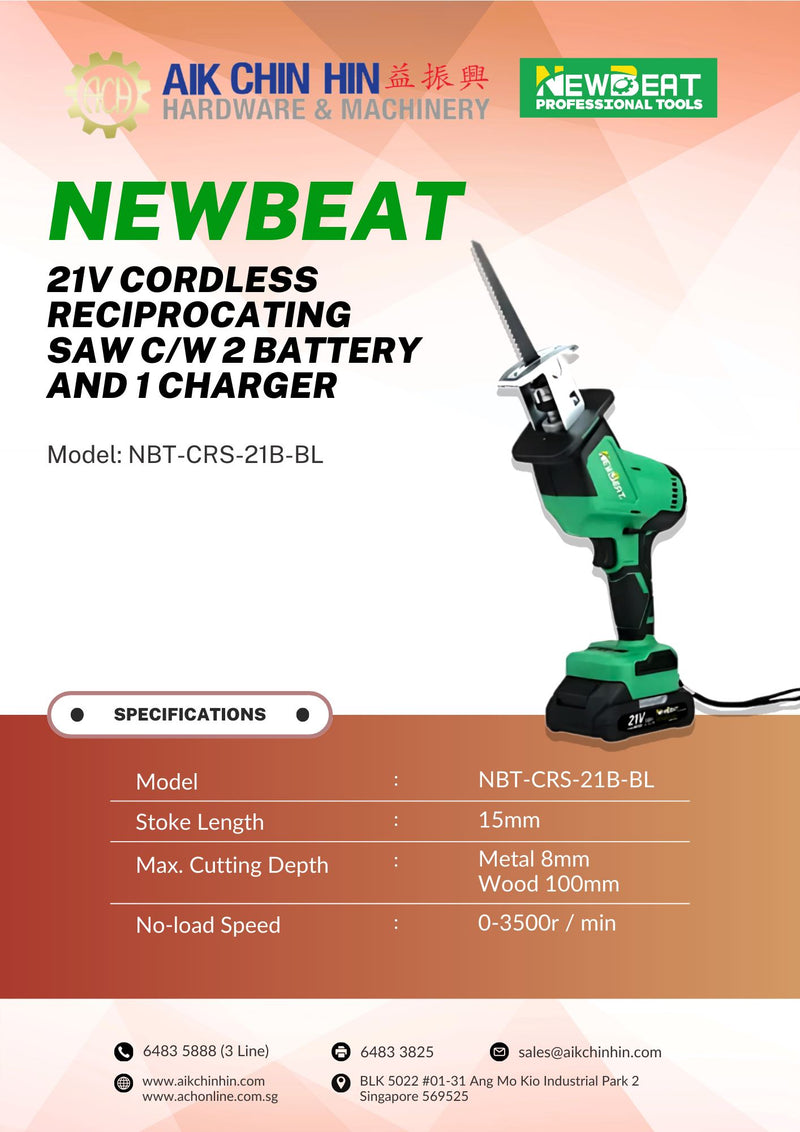 Newbeat 21V Cordless Reciprocating Saw C/W 2 Battery and 1 Charger | Model : NBT-CRS-21B-BL Cordless Reciprocating Saw NEWBEAT 