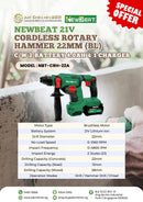 Newbeat 21v Cordless Rotary Hammer 22mm (Bl) C/W 2 Battery 4.0ah & 1 Charger | Model: NBT-CRH-22A Cordless Rotary Hammer Newbeat 