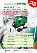 Newbeat 21V Cordless Tyre Air Compressor Pump - 1x2.0ah batt | Model: NBT-CAC-21A Tyre Air Compressor Pump NEWBEAT 