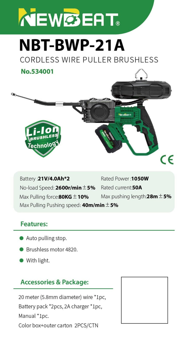 Newbeat 21V Cordless Wire Puller (Brushless) 1050W C/W 2 Battery And 1 Charger | Model: NBT-BWP-21A Cordless Wire Puller Newbeat 