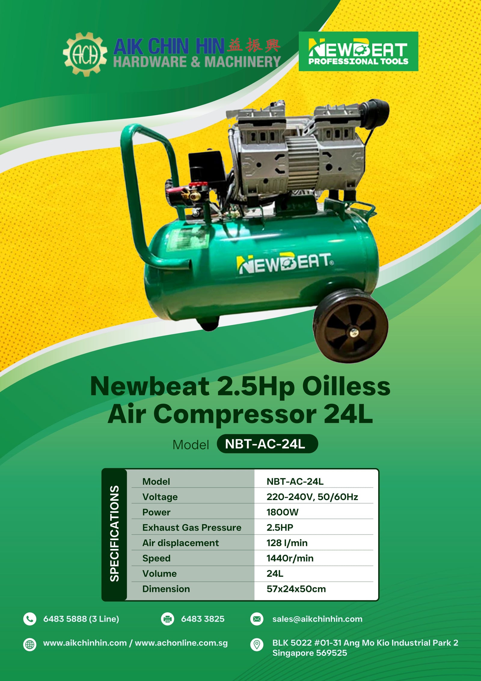 Newbeat 2.5Hp Oilless Air Compressor 24L | Model : NBT-AC-24L