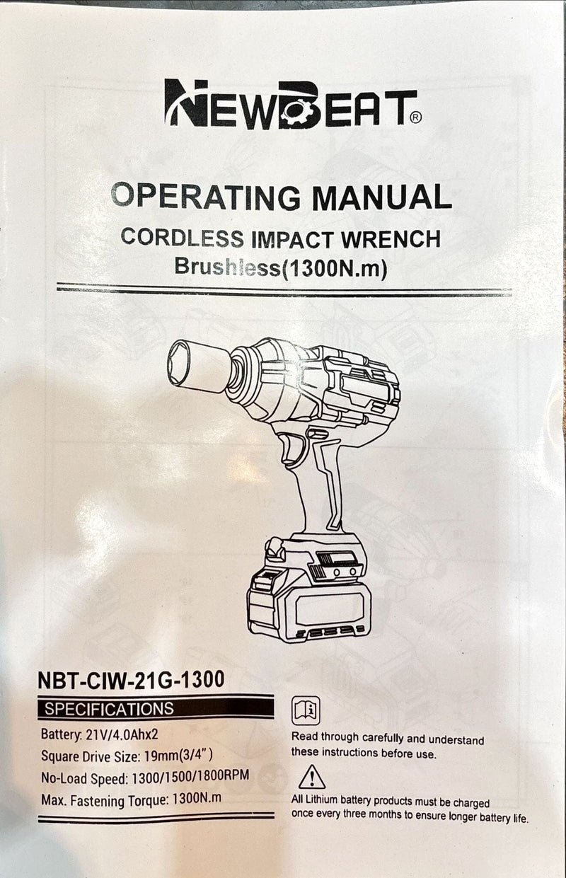 Newbeat 3/4" Cordless Impact Wrench (BL) SQ DR 21V 1300N.m C/W 2 Battery and 1 Charger | Model: NBT-CIW-21G-1300 Cordless Impact Wrench NEWBEAT 