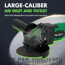Newbeat 4-inch 21V cordless angle grinder with two batteries and charger, shown with black and silver body and ergonomic handle.